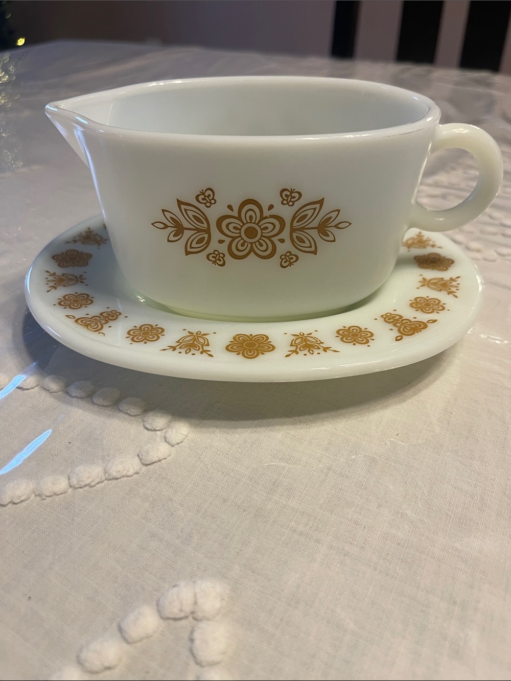 Pyrex White Creamer and Saucer with Gold Floral Pattern